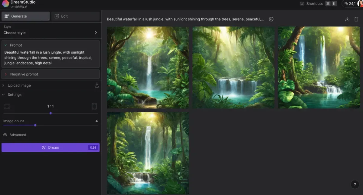 prompt to generate a waterfall using AI in DreamStudio 