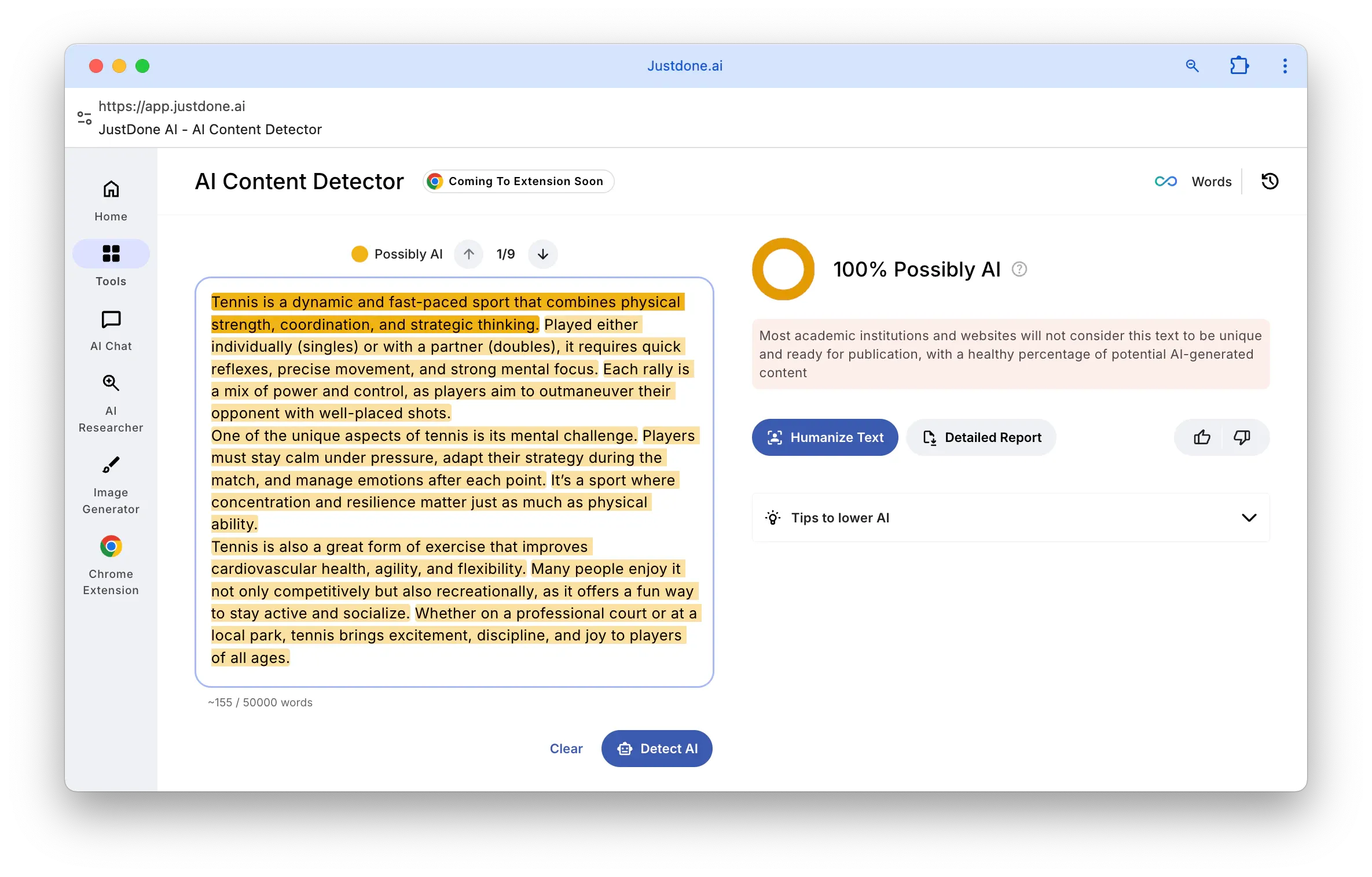 JustDone AI detector showing result with highlighted sentences