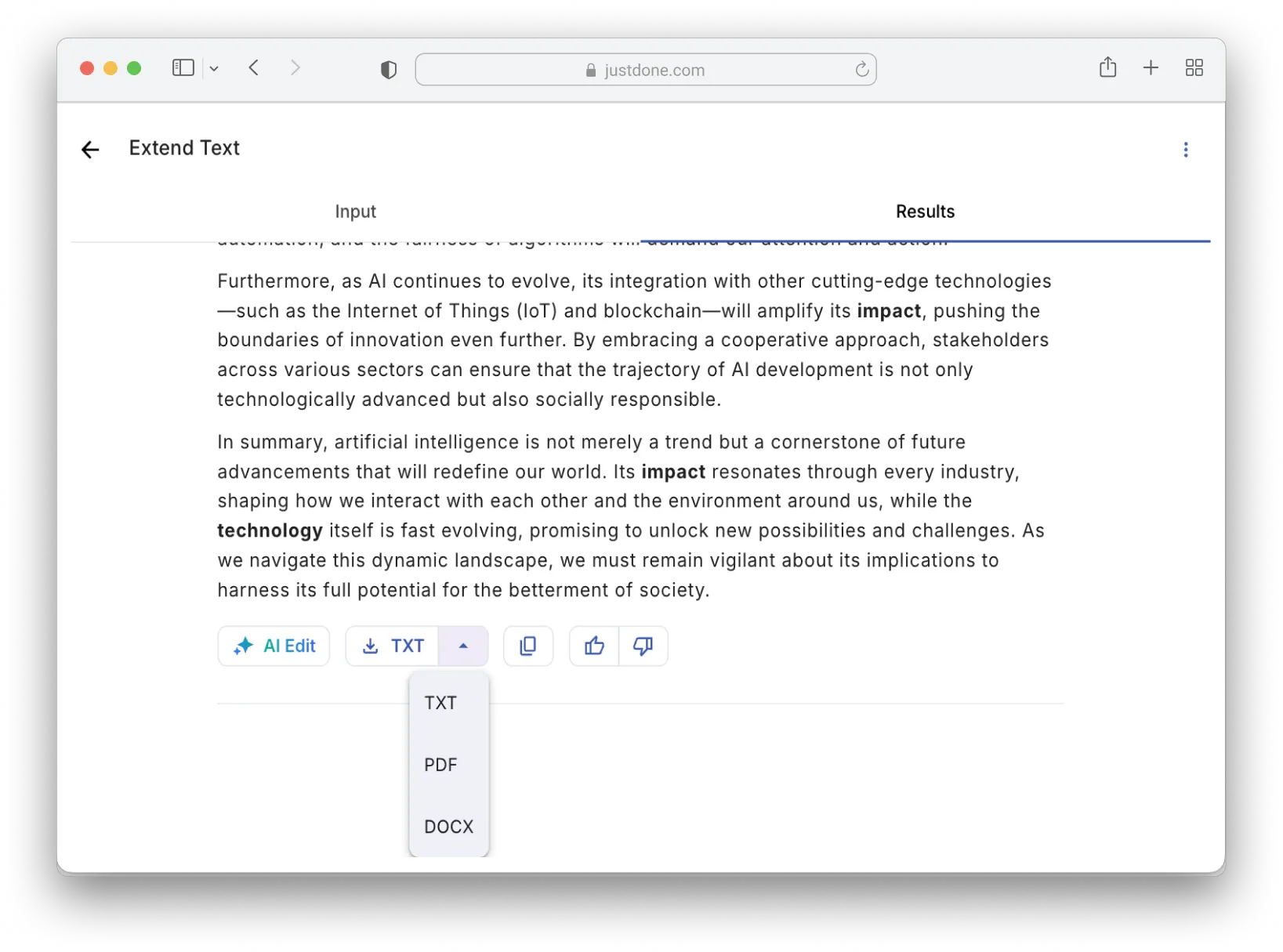 Export expanded text as TXT, PDF, or DOCX in JustDone