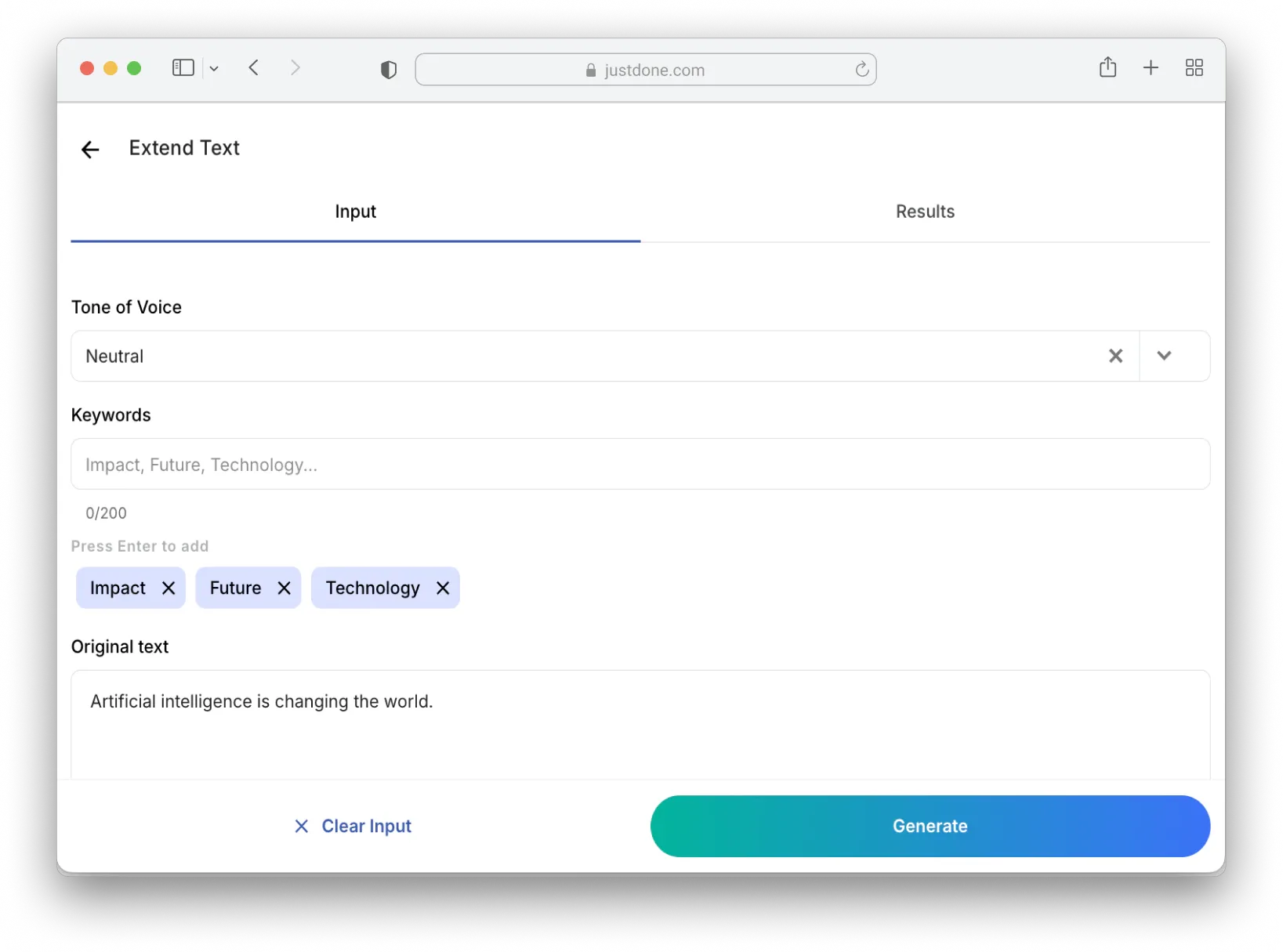 Enter specific text input to make text longer without filler