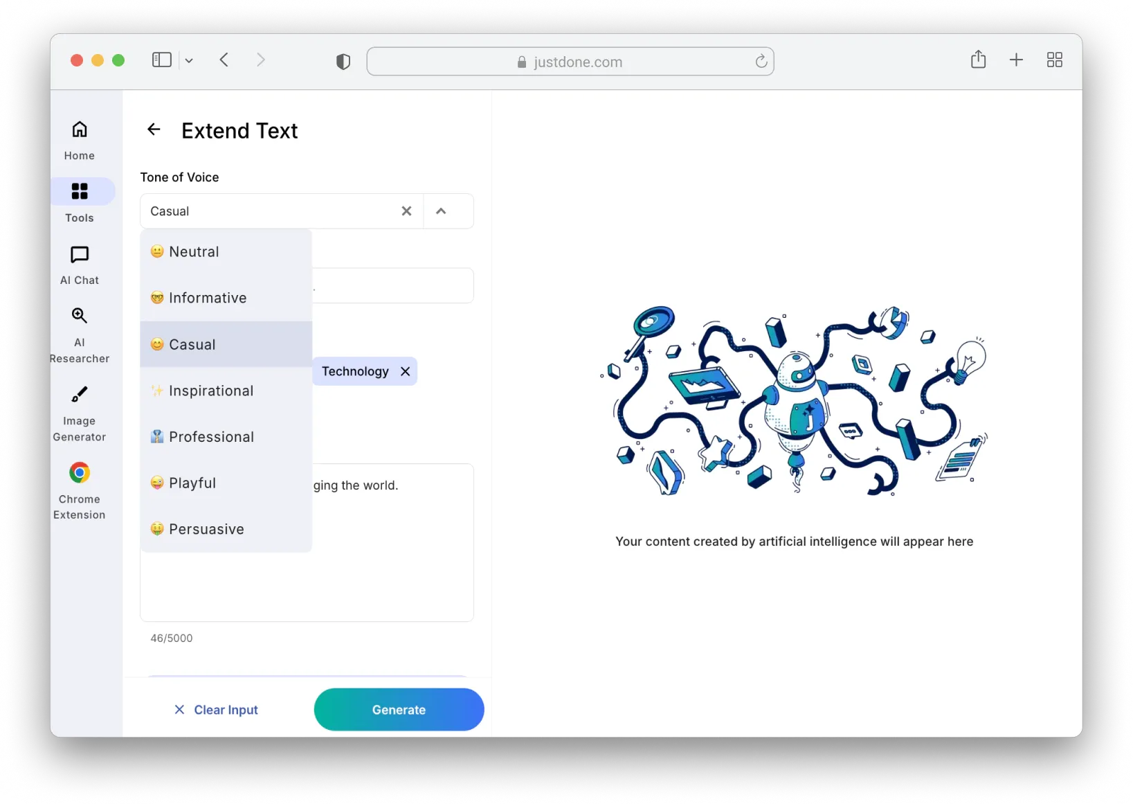 Select tone of voice for text expansion