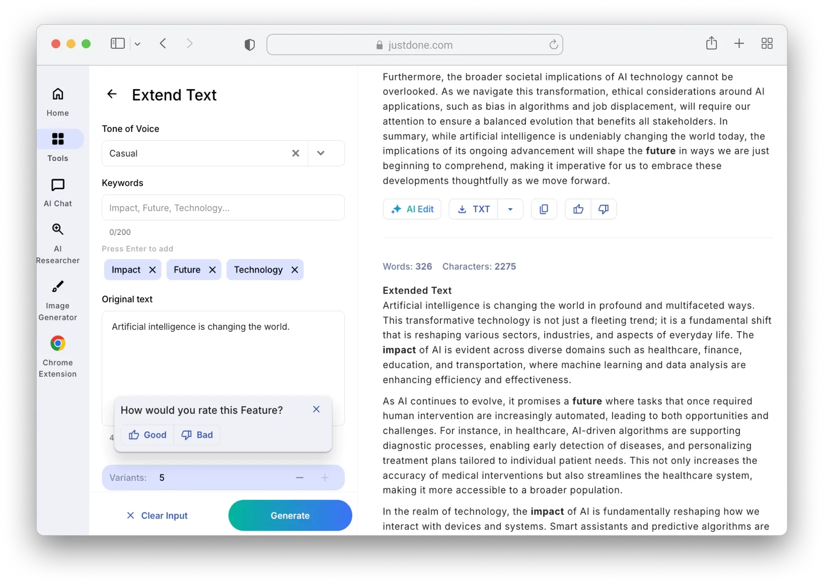 Unlimited text expansions with no daily caps in JustDone AI text expander