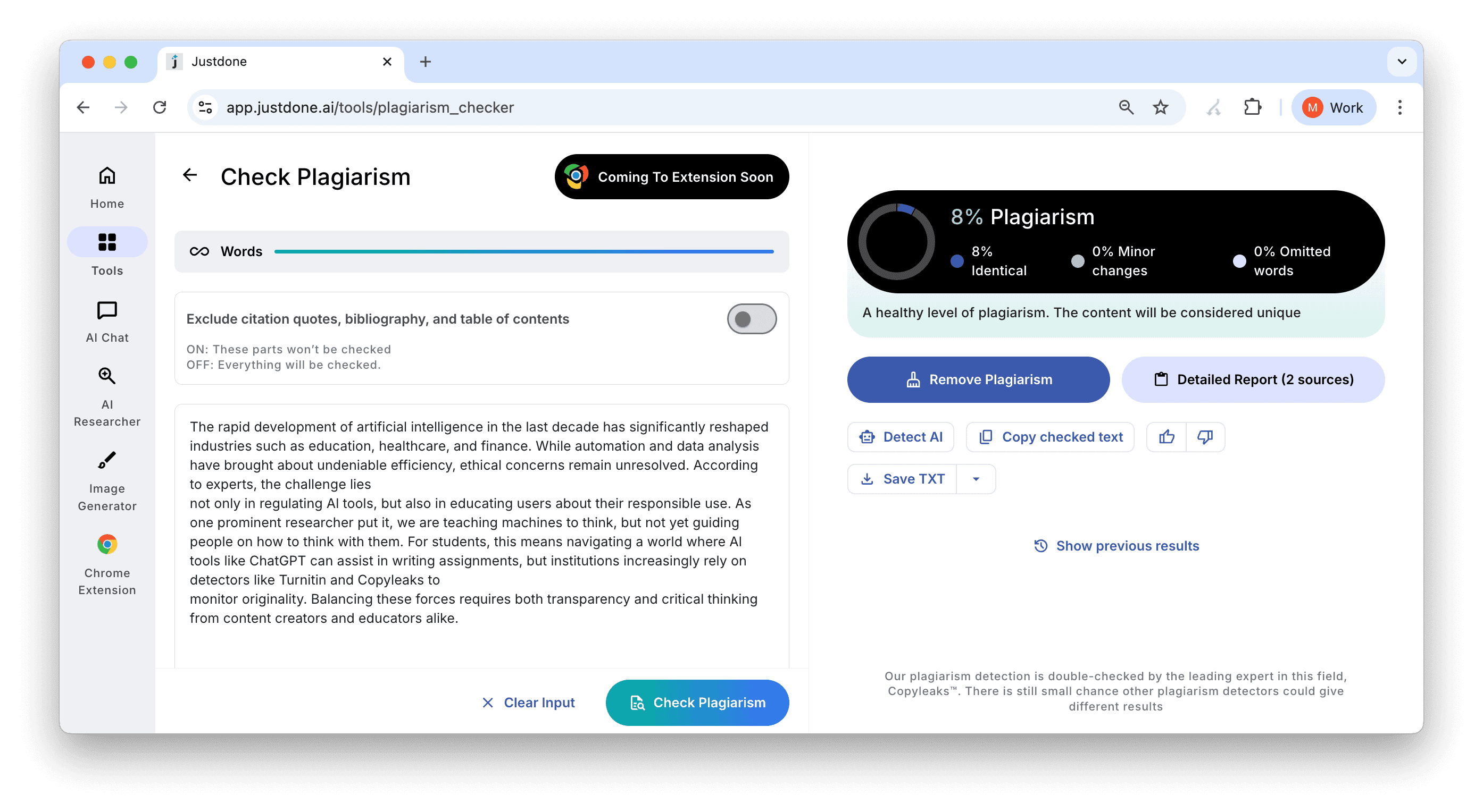 JustDone Plagiarism Checker Results