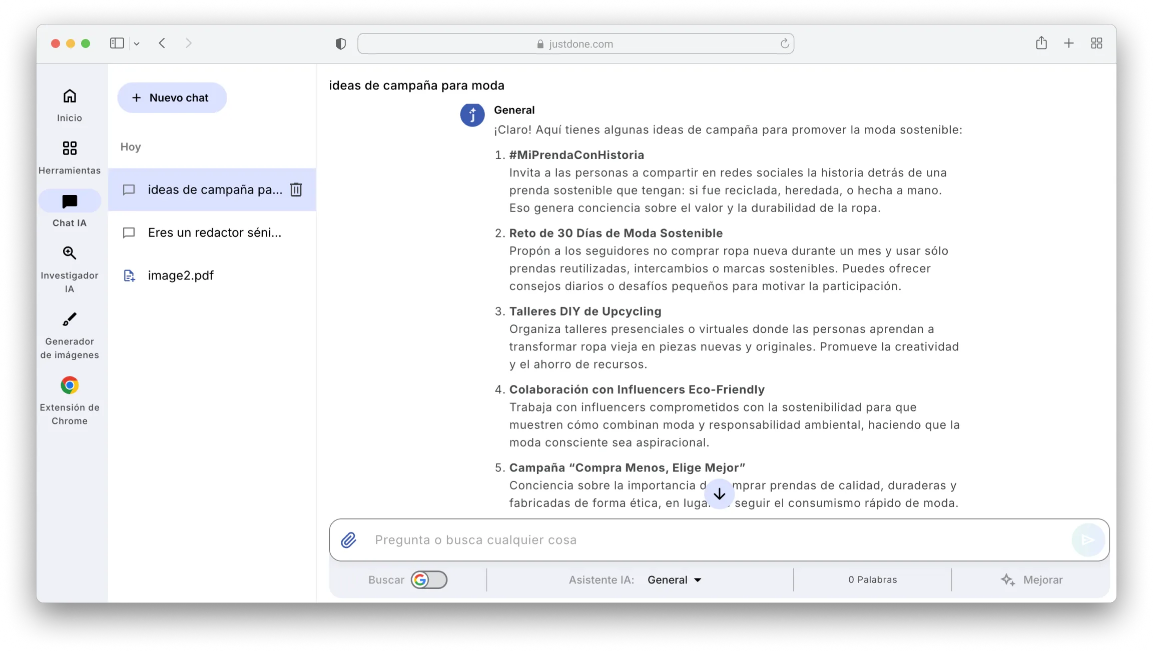 JustDone Chat ideas de campaña para moda