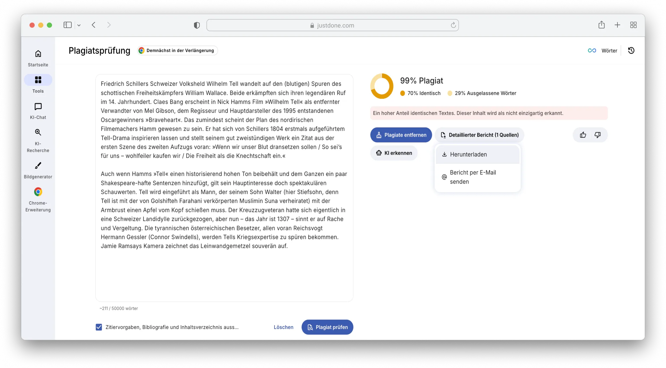 Der JustDone Plagiatsprüfer zeigt problematische Stellen auf einen Blick