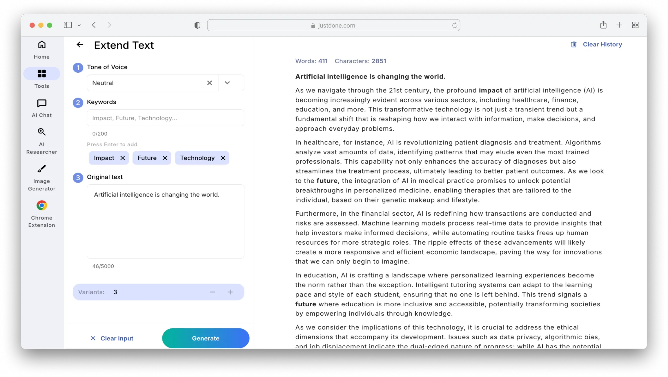 JustDone's Extend Text interface: Choose tone, add keywords, and generate expanded content