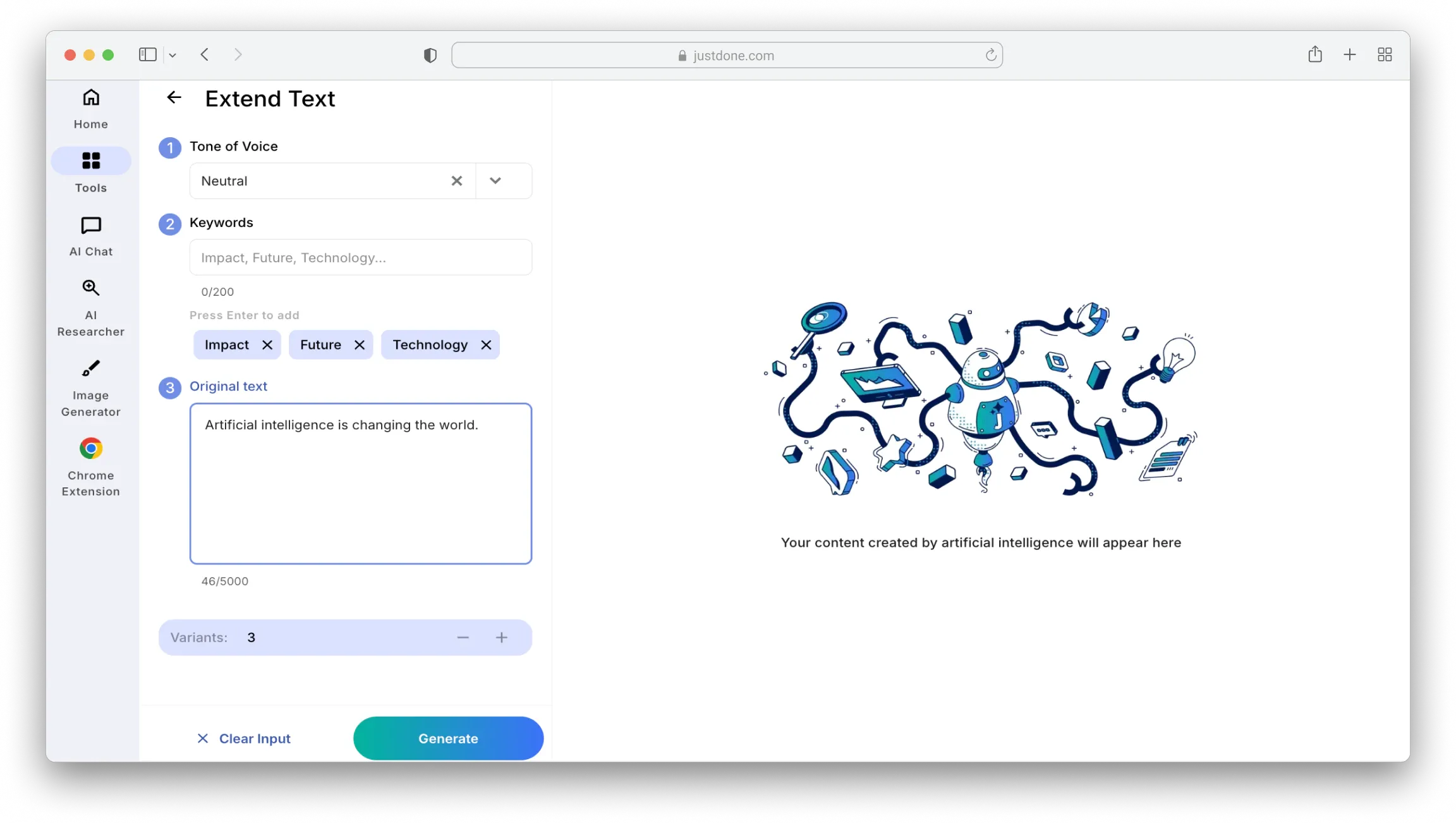 JustDone Extend Text: Enter your text and generate up to 3 expanded variants with different tones