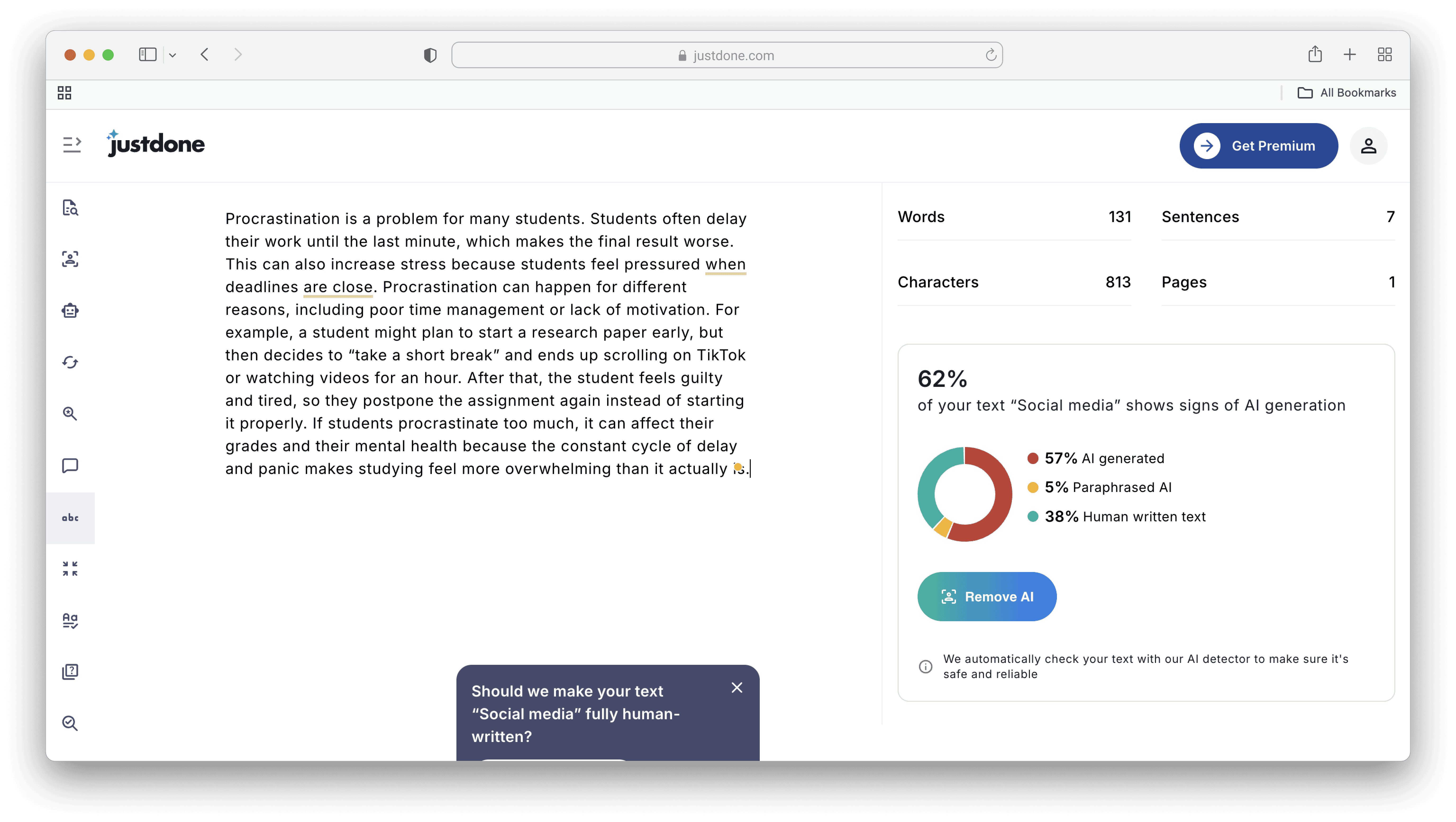 Word Counter displaying 163 words after adding concrete example to procrastination paragraph