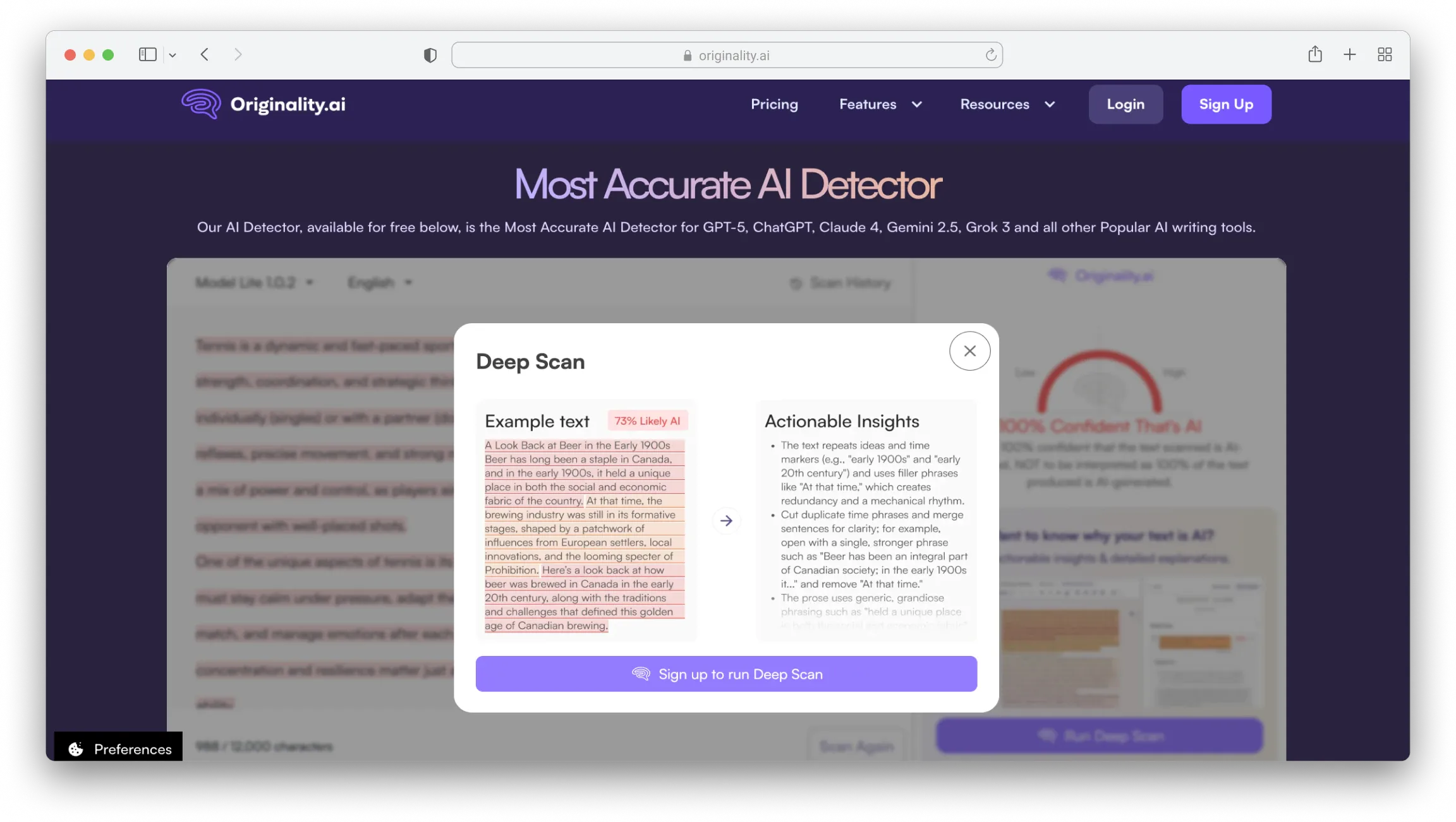 Originality.AI results showing AI detection score